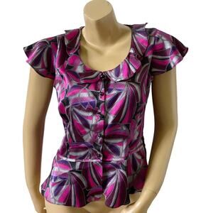 WORTHINGTON Womens Petite Size PM Cap Sleeve Retro Print Button Front Shirt